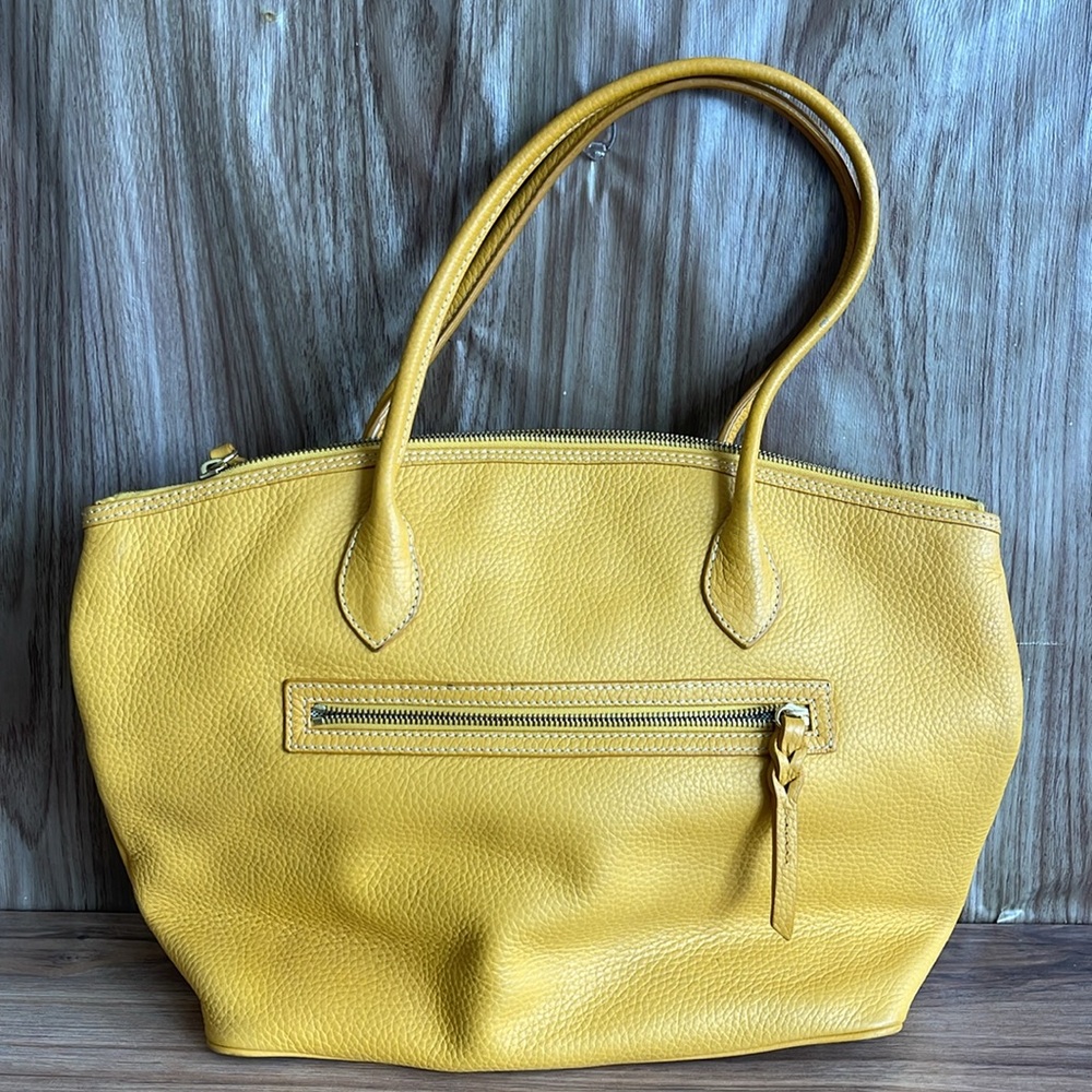 Dooney & Bourke Newbury Crescent Yellow Pebbled Leather Large Double Pocket Tote - Picture 2 of 14